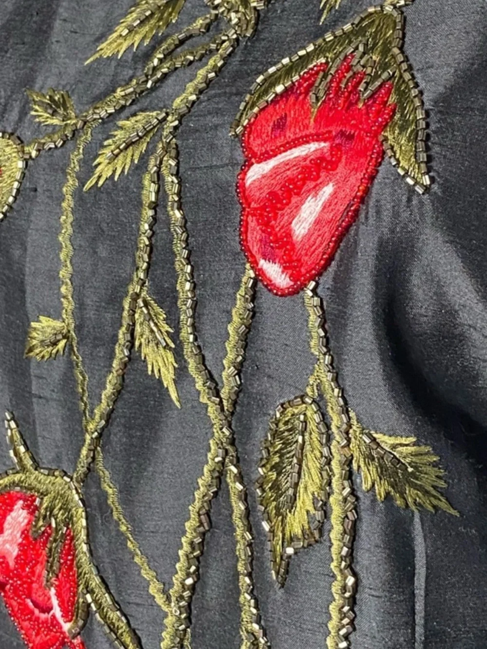 Vintage 100% Silk Black Mini Dress with Beaded Rose Embroidery - Romantic M